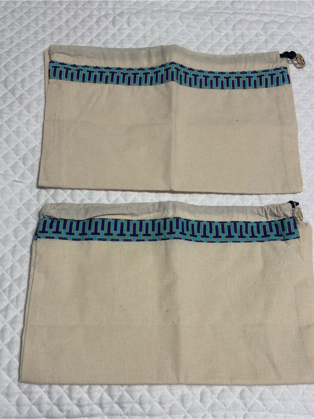 Tory Burch Canvas Drawstring Shoe Bag Set with Teal and Navy Geometric Trim